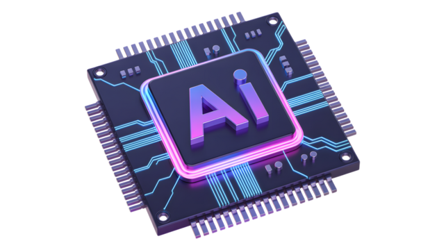 Cutting edge AI chip powered by futuristic glowing circuits