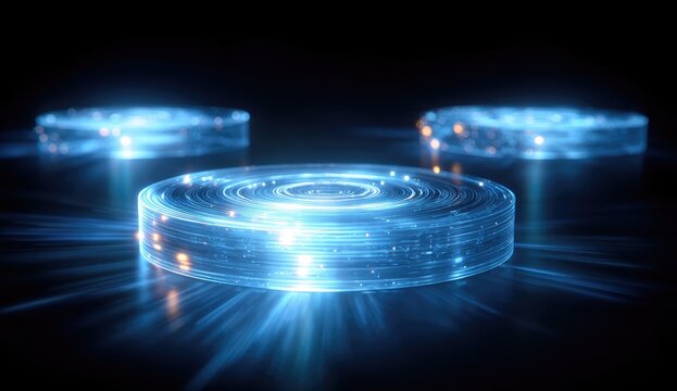 Three glowing, translucent circular discs on dark surface, emitting bright blue light