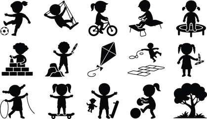 Joyful silhouettes of children engaging in diverse outdoor activities and playful sports