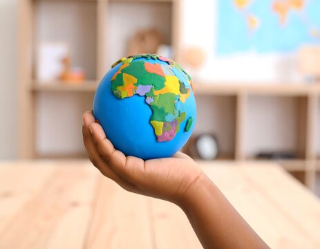 Child hand holding colorful clay model of Earth globe highlighting Africa with blurred background symbolizing education geography environment and global unity
 - Powered by Adobe