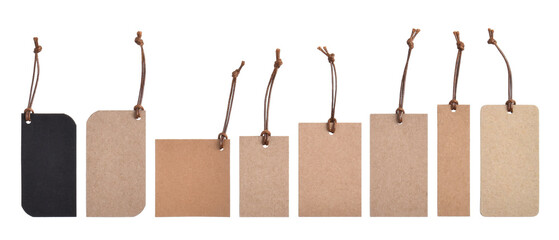 Various shape of blank craft paper label or cloth tag set isolated on white background. Shopping, sale concept, black friday sale.