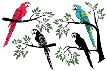 set of  colorful Parrot on branch vector illustration 