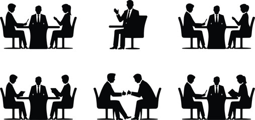 Business meeting silhouettes six distinct scenarios for professional interactions and collaboration
