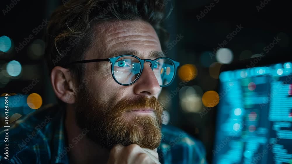 Poster cybersecurity expert analyzes data on digital dashboard with concentration and determination, showca