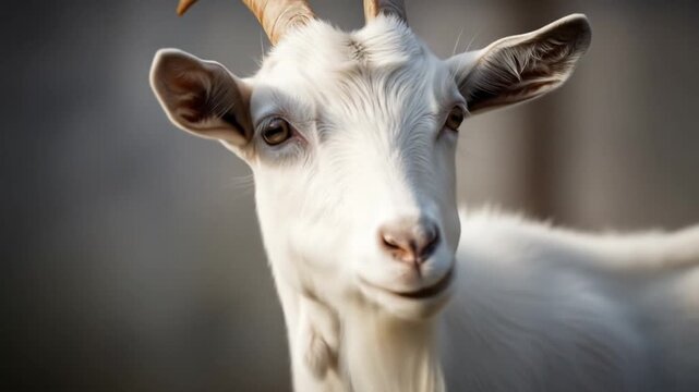 Close up Portrait of a White Goat with Brown Eyes and Horns in a Blurred Gray Background at a Farm on a Sunny Day