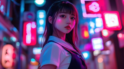Young woman in neon lights cityscape
