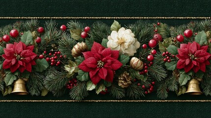 Christmas seamless border pine branches red ribbons candy canes golden bells festive decorative holiday background seasonal pattern design