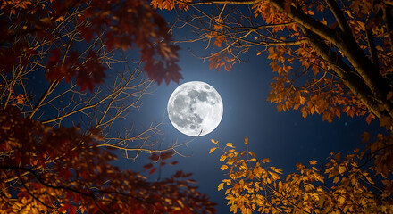 Naklejka premium Ethereal Full Moon Ascends Through Autumn Foliage, Illuminating a Starry Night Sky.
