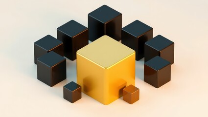 Geometric arrangement of black and gold cubes on a light background in a stylized presentation