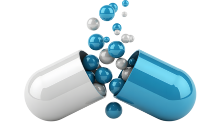 Vibrant capsule spills out medicine spheres symbolizing health and treatment innovation