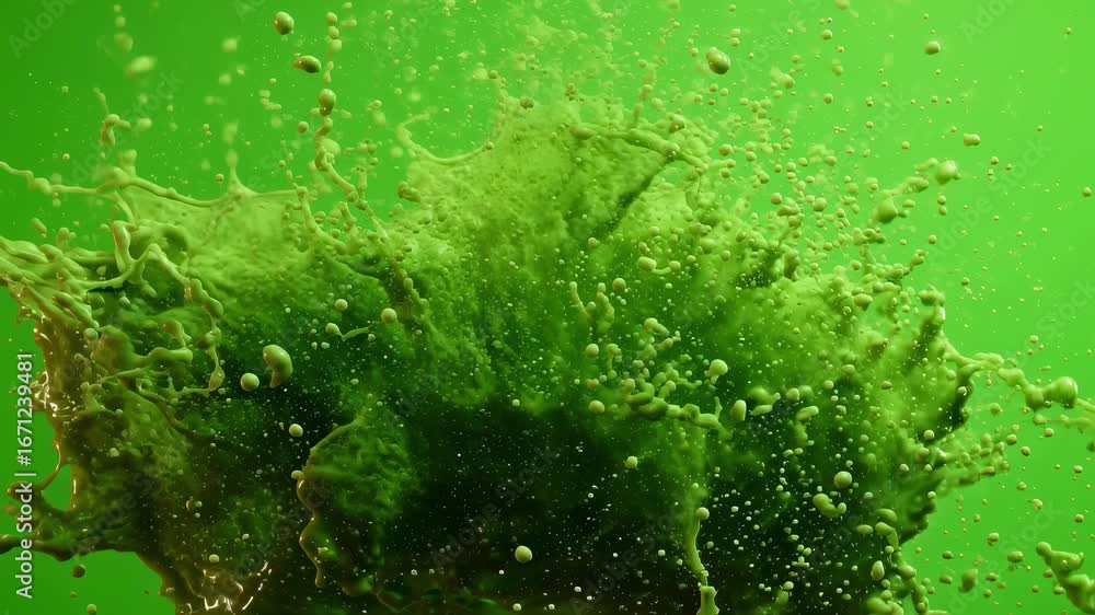Poster green paint is splashing on a green screen background, creating a vibrant and dynamic visual effect,