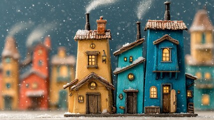Christmas snowy village rooftops chimney smoke festive seasonal holiday winter cozy decorative natural magical background panoramic