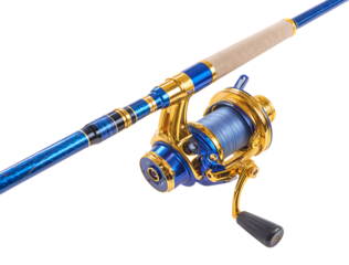 Premium Blue and Gold Fishing Rod and Reel, isolated on a transparent background