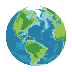 Fototapeta premium A bright map illustration showcases the Earths continents and oceans, emphasizing North and South America, Europe, and Africa. The vivid colors enhance the global view.