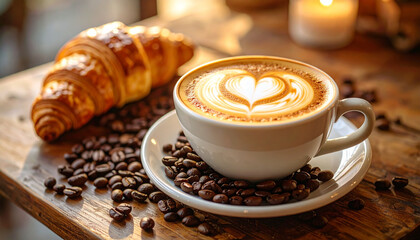 Cup of Coffee with Heart Latte Art and Fresh Croissant on Wooden Table