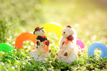 Cute wedding couple toy bears sitting on green grass during a beautiful, sunny day, symbolizing a...