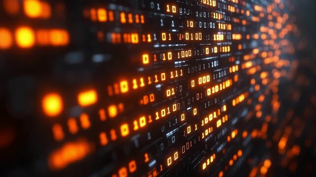 Glowing binary code digital data orange light technology background futuristic abstract cyber matrix computer network illuminated