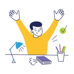 Flat cartoon vector illustration of school boy stretching after finishing homework, reading book, student completed study task. Concept of education, learning, childhood, school life, success