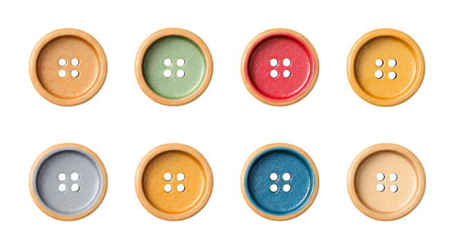 Assortment of Colorful Buttons with Wooden Rims isolated on a transparent background