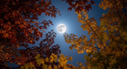 Radiant Full Moon Illuminates Autumn Canopy Under Deep Blue Night Sky, Serene and Enchanting.