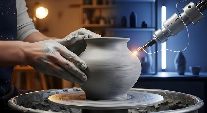 Side-by-side evolution of pottery making, showing traditional hands shaping clay on a wheel contrasted with modern robotic arm assistance, symbolizing industry innovation and progress.