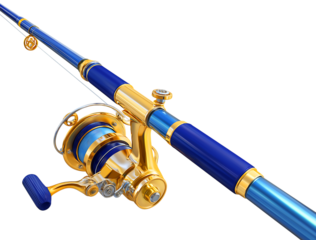 Luxury Blue and Gold Fishing Rod and Reel with a Spinning Reel isolated on a transparent background