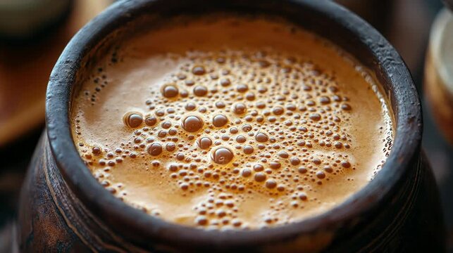 Bubbling sour teff injera batter in a rustic clay pot, showing natural fermentation with frothy texture and airy bubbles, traditional Ethiopian cuisine preparation.