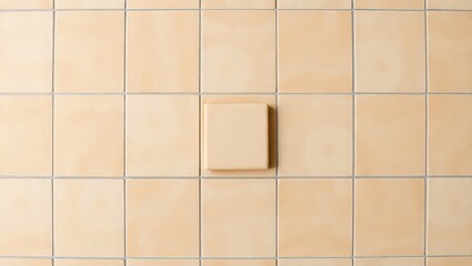 Close up of a wall with square beige tiles and one tile sticking out slightly from the wall surface