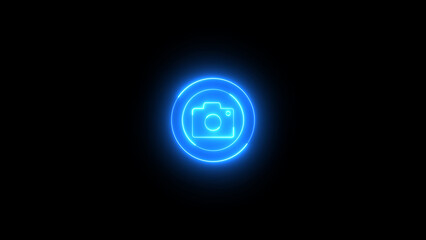 Neon camera icon on the black background.