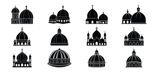 Collection of Mosque Domes and Minarets Silhouette Vector Illustration on White Background
