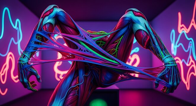 A vibrant digital illustration of a contorted human figure with neon lights and stretching body parts.