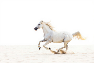 Fototapeta premium Majestic white horse galloping freely in a bright open field environment