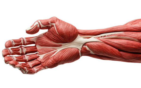 Detailed human hand anatomy with visible muscles and tendons isolated on transparent background