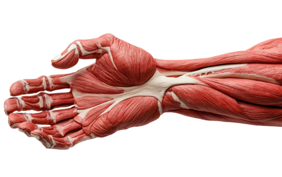 Detailed human hand anatomy with visible muscles and tendons isolated on transparent background
