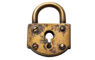 Antique brass padlock with keyhole isolated on transparent background