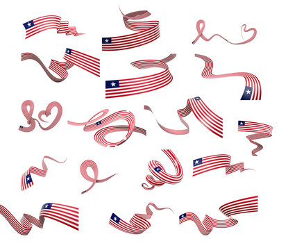 Set Of Different Style Of Liberia Wavy Abstract Ribbon Flags On Black 3d Illustration