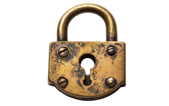 Antique brass padlock with keyhole isolated on transparent background