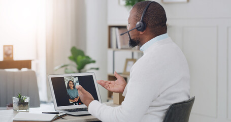 Therapist, video call and laptop screen with headset in home for online therapy session. Man, woman and psychologist with client on computer for advice, telehealth or virtual assistance in house