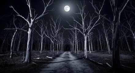 Eerie path through a dark forest under a full moon, bare trees and spooky atmosphere