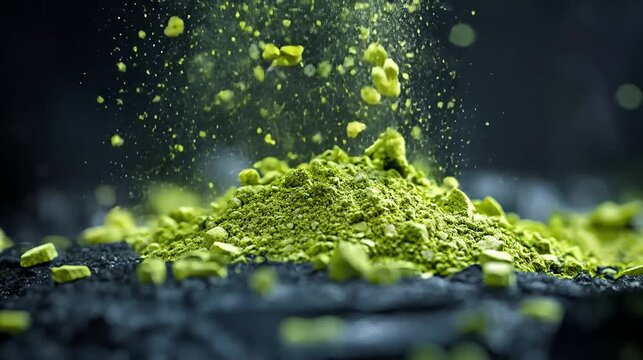 Vibrant green duckweed protein powder cascades in macro detail, scattering across dark slate. The scene highlights organic texture, freshness, and the dynamic motion of natural superfood.