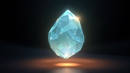 A single blue crystal with geometric facets floating in a dark space with a light glow beneath it