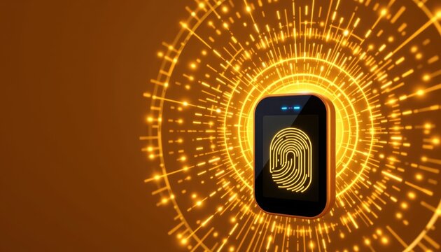 Modern smartphone displaying fingerprint scanner with digital security icons and glowing hexagonal pattern surrounding it on a dark background