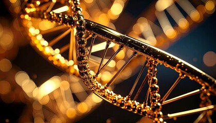 Close-up of a golden DNA double helix, shimmering against a dark background with bokeh