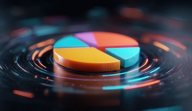 Close-up of a colorful pie chart on a dark, futuristic circular platform