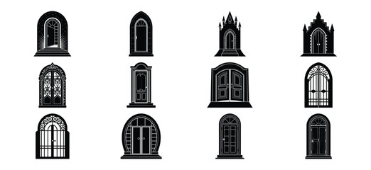 Collection of Gothic Style Door and Window Silhouettes in Black and White