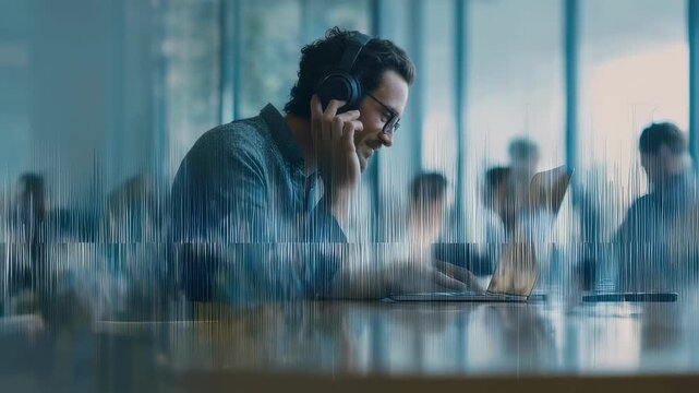 Medium shot capturing a designer analyzing voice command data on a laptop screen with the surrounding meeting room fading out to emphasize the interactive audio ad user experience