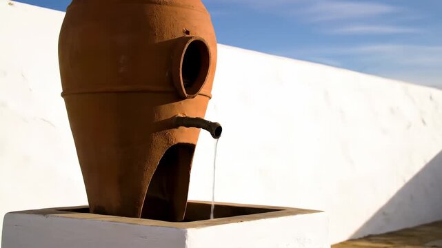 Terracotta water fountain with flowing water