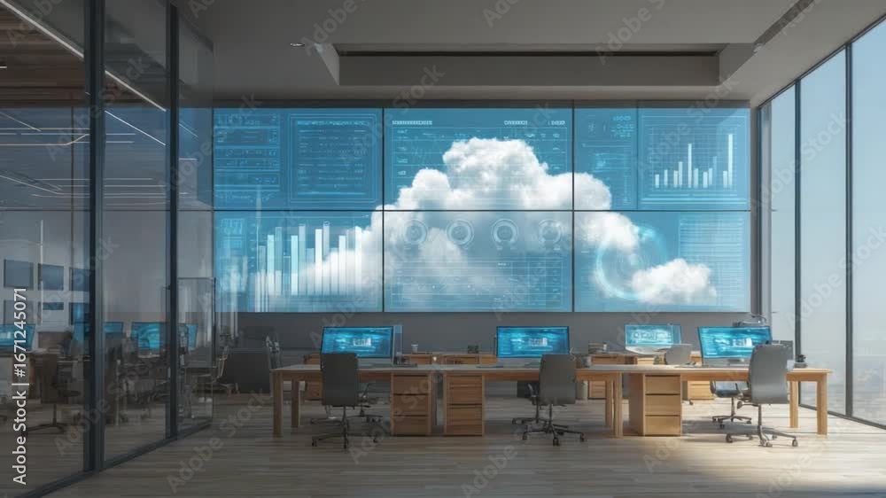 Poster cloud data center: a modern data center, showcasing data visualization and cloud computing on large 