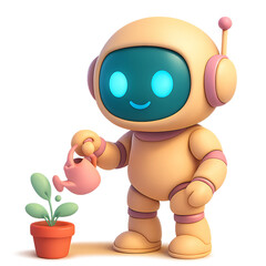 Cute 3D cartoon robot standing and watering a small potted plant with a tiny watering can, smiling expression, isolated on transparent background, soft pastel colors