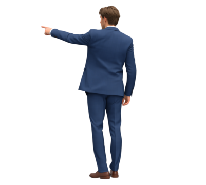 Businessman in Blue Suit Pointing Left, Back View isolated on a transparent background